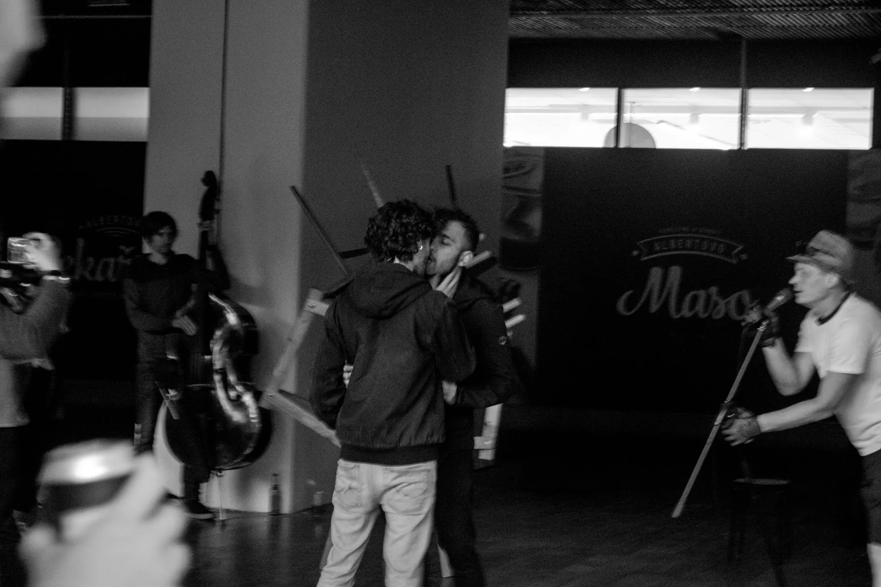 Saksham Sharda and Sylvain Benzakein making out while Thor Garcia reads at Excuse me, Žižkov (Photo by Jan Černý)