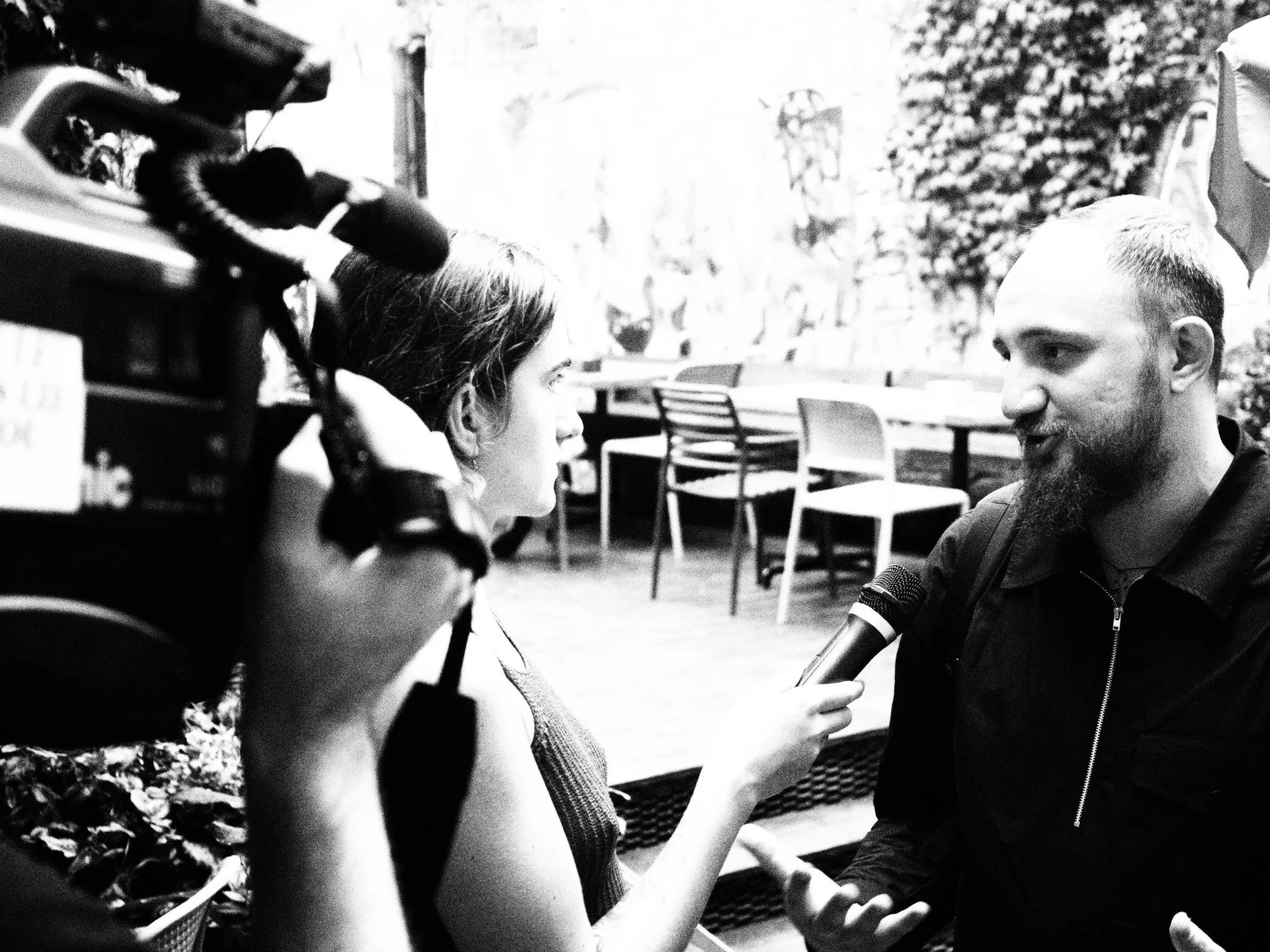 Tyko Say and Sandra Pasławska interviewing Semenchuk for Existence is Resistance (Photo by Louis Armand)
