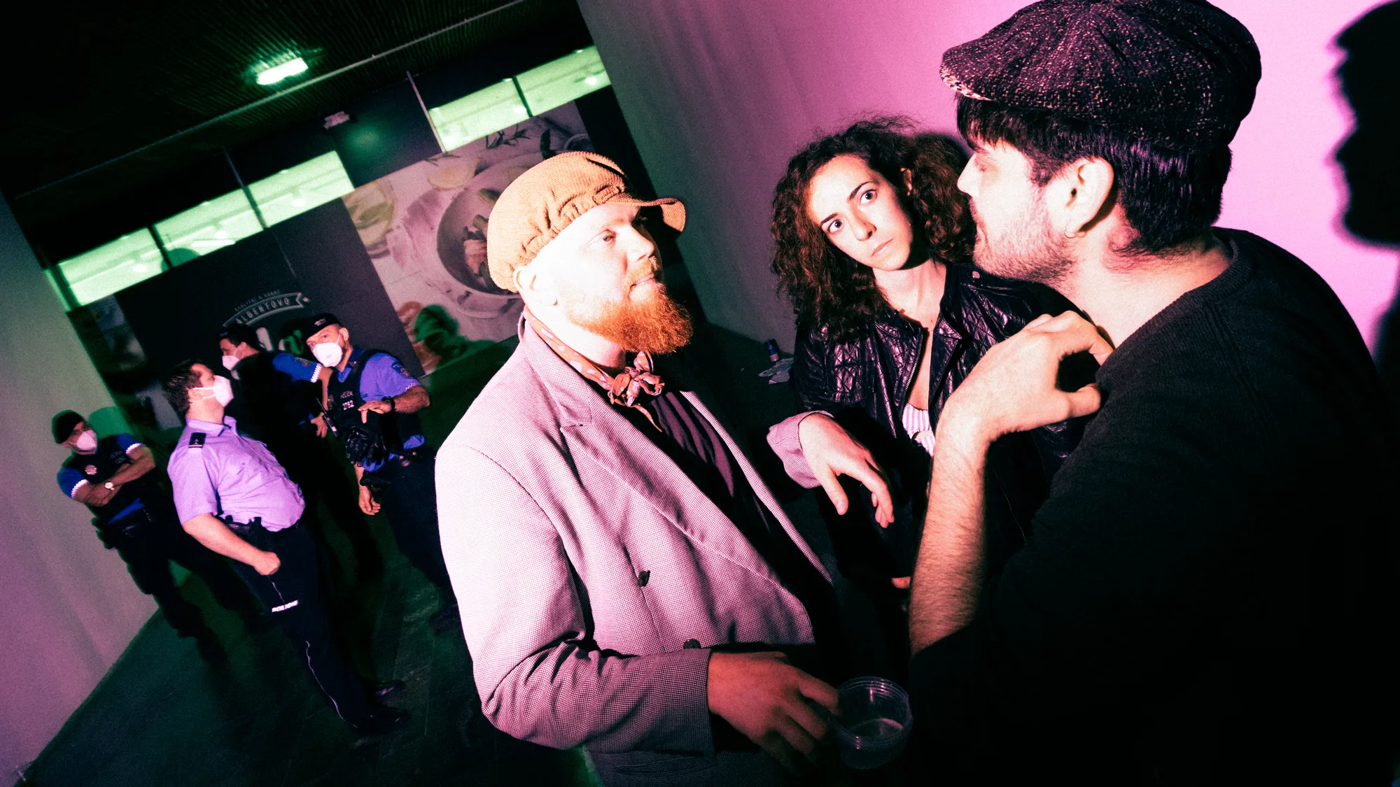Jaromír Lelek, Roksan Mandel, and Tyko Say with the police at Excuse me, Žižkov (Photo by Eduard Germis)