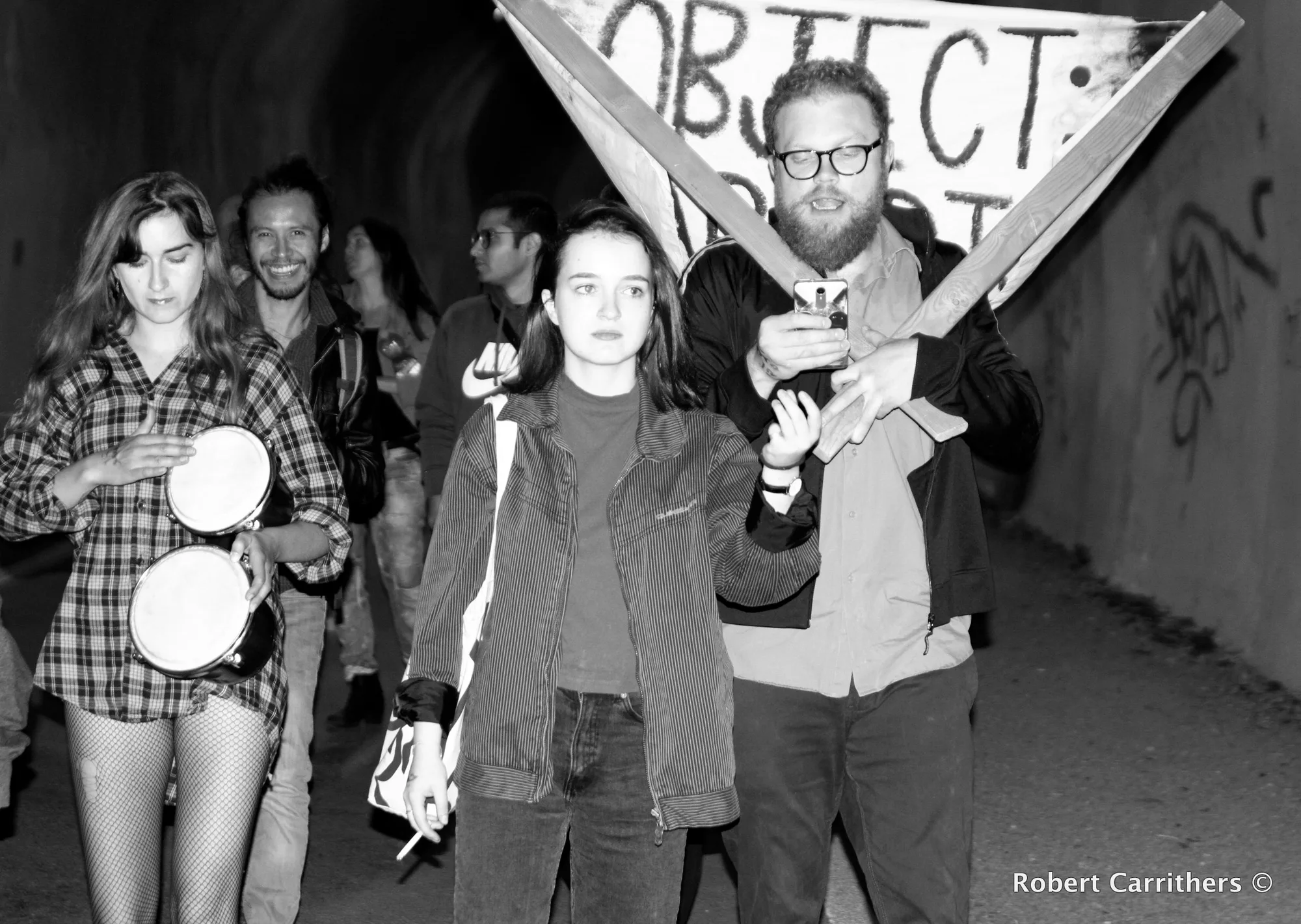 Sandra Pasławska, Anna Špirochová and Jaromír Lelek marching from the west stage. OBJECT:PARADISE Tunnel Vision(s) (Photo by Robert Carrithers)