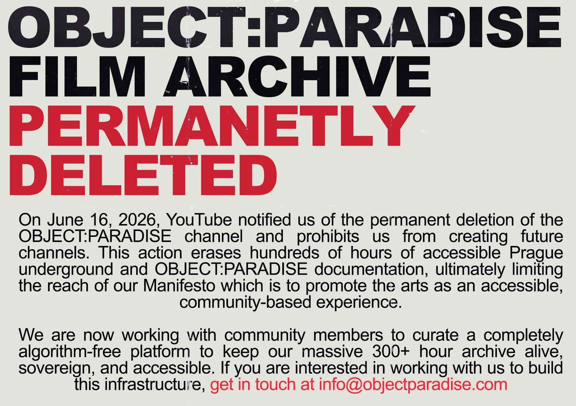 OBJECT:PARADISE's announcement of the YouTube channel's permanent deletion.